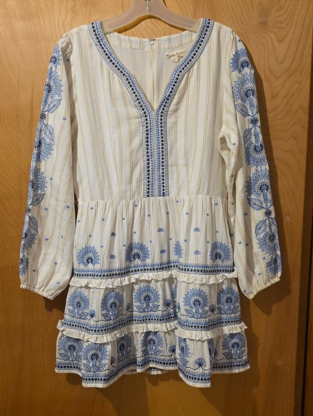 Roller Rabbot Boho Embroidered Tiered Women’s Dress - Blue on Cream Small